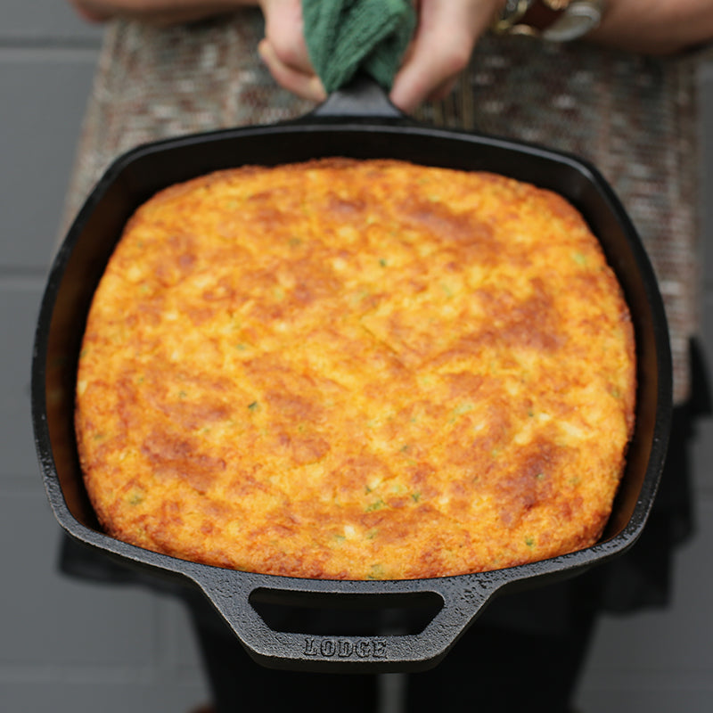 Freshly baked cornbread served in skillet.