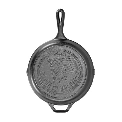 Cast iron skillet with engraved design on the back, featuring the United States of America flat and text saying "MADE IN AMERICA".