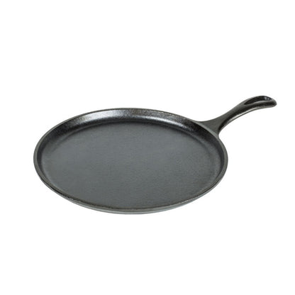 A black 10.5 inch cast iron mountain griddle with a flat base and slightly raised edges, featuring a single handle on the top.