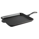 Square griddle pan with round corners, a long handle, and an assist handle.