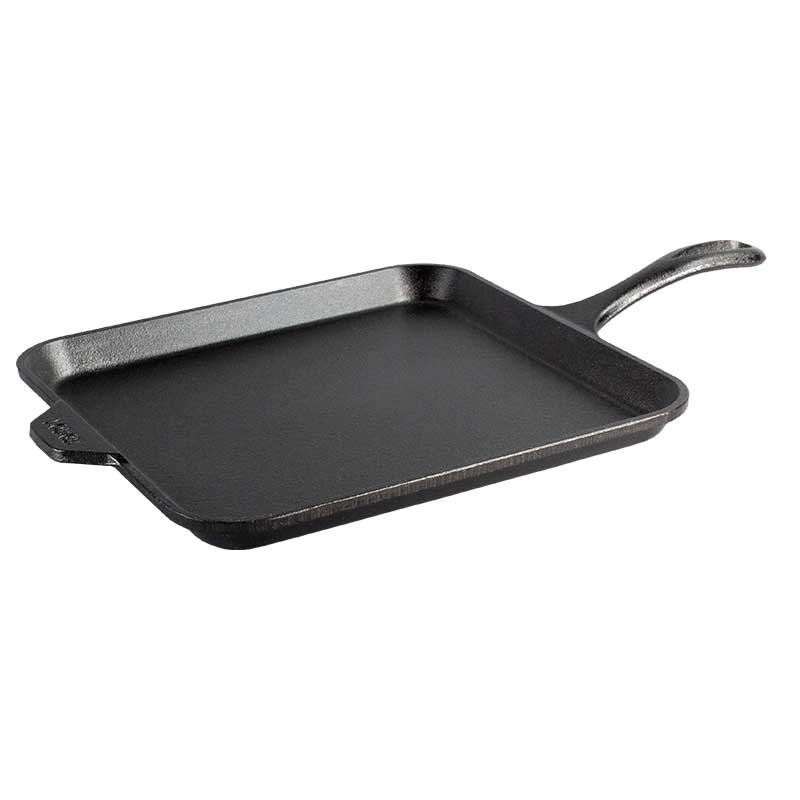 Square griddle pan with round corners, a long handle, and an assist handle.