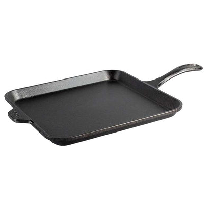 Square griddle pan with round corners, a long handle, and an assist handle.