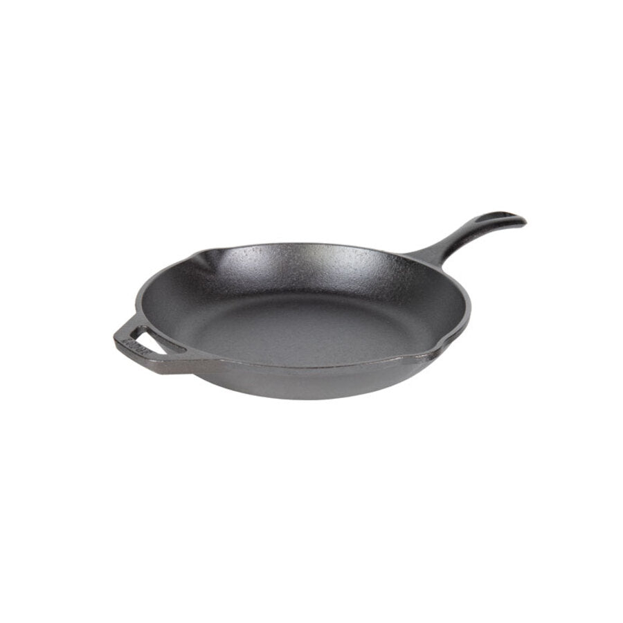 Black cast iron skillet with long handle and loop handle on opposite sides, along with 2 pour spots.