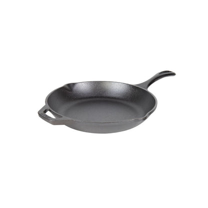Black cast iron skillet with long handle and loop handle on opposite sides, along with 2 pour spots.