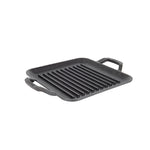 Black cast iron grill pan with 2 handles.
