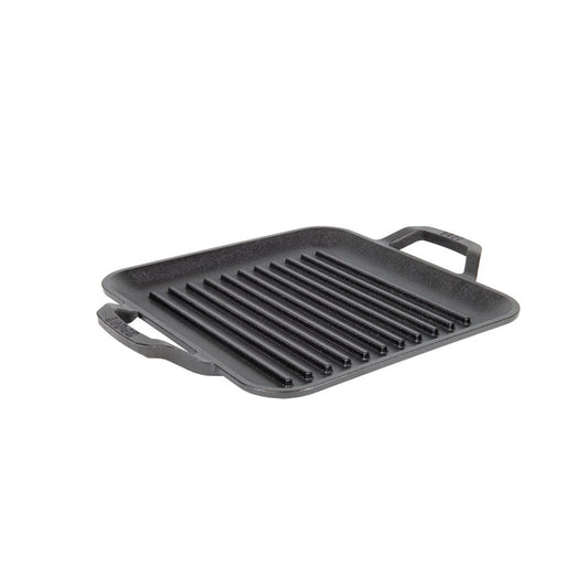 Black cast iron grill pan with 2 handles.