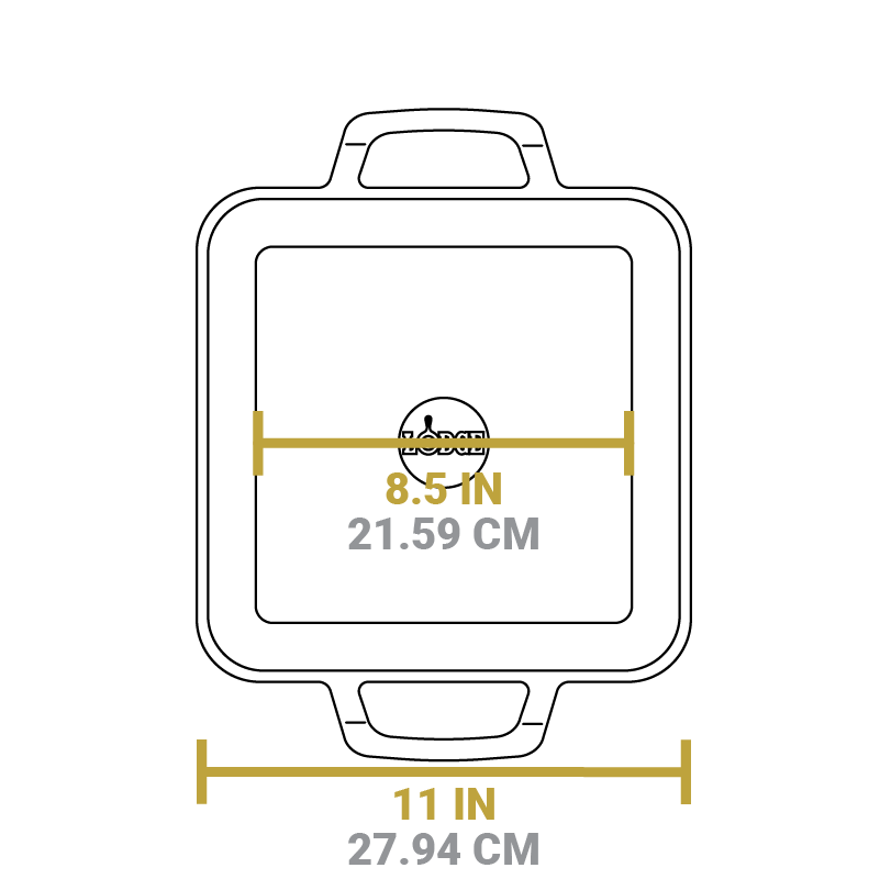 Dimensional drawing of grill pan. Total length is 11 inches, length of flat bottom is 8.5 inches.