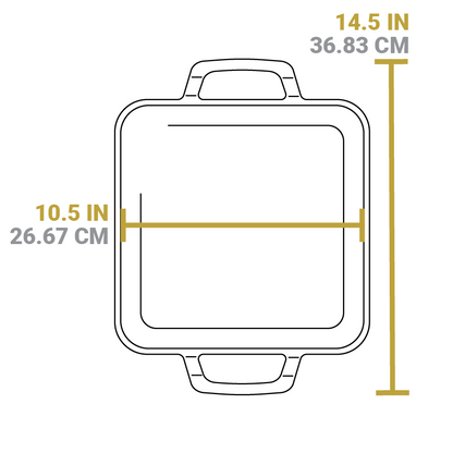 Dimensional drawing of griddle. Total width including handles is 14.5 inches, length of cooking surface is 10.5 inches.