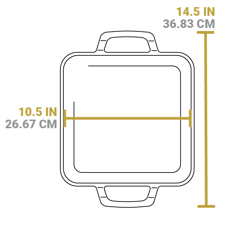 Dimensional drawing of griddle. Total width including handles is 14.5 inches, length of cooking surface is 10.5 inches.
