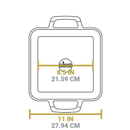 Dimensional drawing of griddle. Total length is 11 inches, length of flat bottom is 8.5 inches.