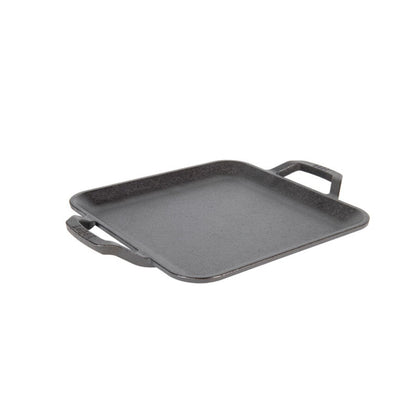 Black cast iron square griddle with handles.