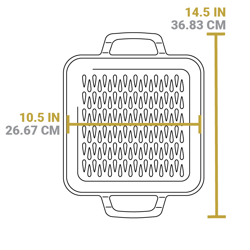 Dimensional drawing of product. Total width including handles is 14.5 inches, length of interior is 10.5 inches.