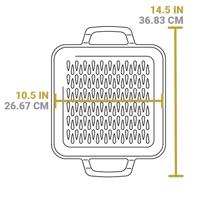 Dimensional drawing of product. Total width including handles is 14.5 inches, length of interior is 10.5 inches.