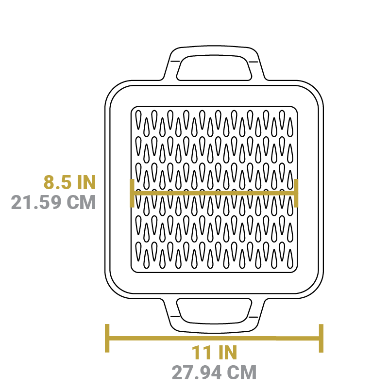 Dimensional drawing of product. Width of cooking surface is 8.5 inches, total length including edges is 11 inches.