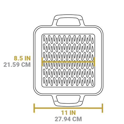 Dimensional drawing of product. Width of cooking surface is 8.5 inches, total length including edges is 11 inches.