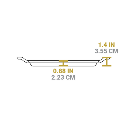 Dimensional drawing of product. Height including handles is 1.4 inches, height of cooking surface is 0.88 inches.