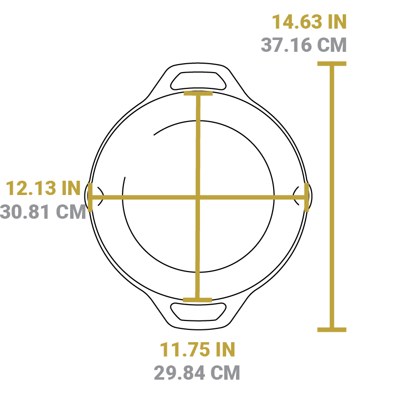 Dimensional drawing of pan. Total length is 14.63 inches, length of cooking surface is 11.75 inches, and width of cooking surface from pour spout to pour spout is 12.13 inches.