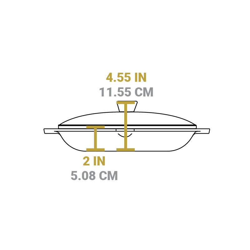 Dimensional drawing of product. Height of both piece together is 4.55 inches, height of pan is 2 inches.
