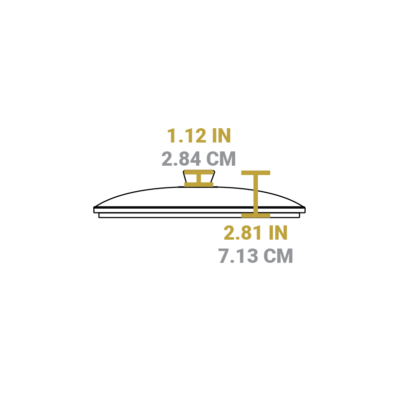 Dimensional drawing of product lid. Total height is 2.81 inches, height of knob is 1.12 inches.