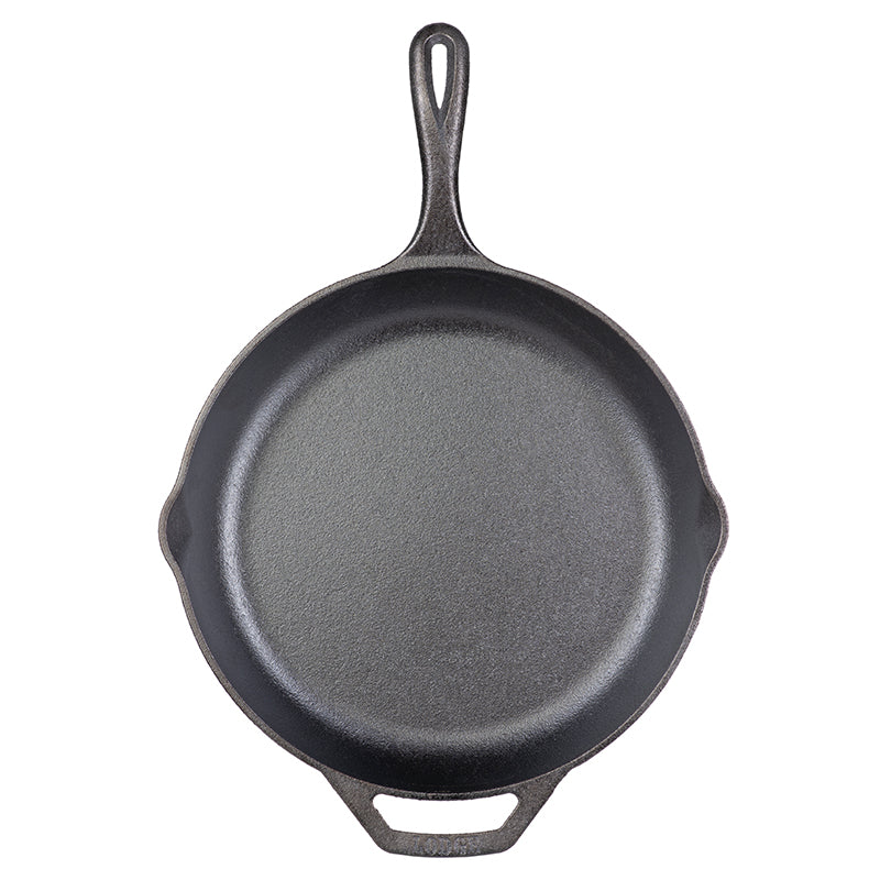 Cast iron skillet with one long handle and one assist handle on opposite side, there's a pour spout on the left and right side.
