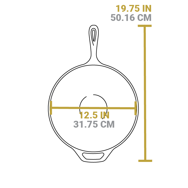 Dimensional drawing of product. Total length including handle sis 19.75 inches, width of wok is 12.5 inches.