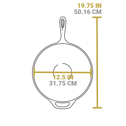Dimensional drawing of product. Total length including handle sis 19.75 inches, width of wok is 12.5 inches.