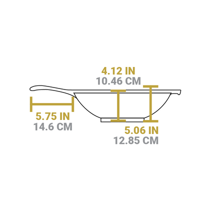Dimensional drawing of product. Total height is 5.06 inches, length of handle is 5.75 inches, depth of wok is 4.12 inches.