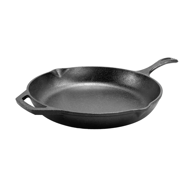 Black cast iron skillet with long handle and loop handle on opposite sides, along with 2 pour spots.