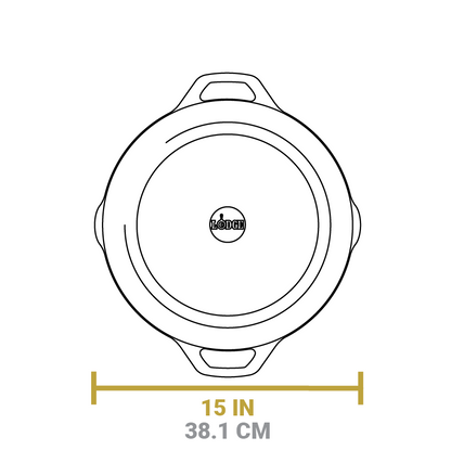 Dimensional drawing of product. Length from pour spout to pour spout is 15 inches.