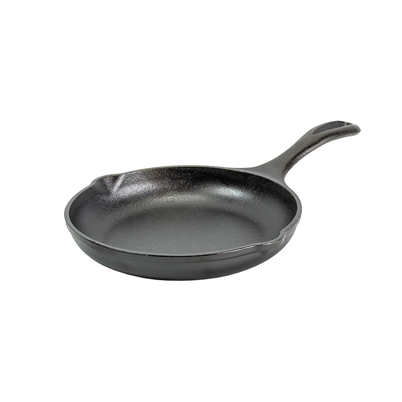 Black cast iron skillet with long handle and 2 pour spots.