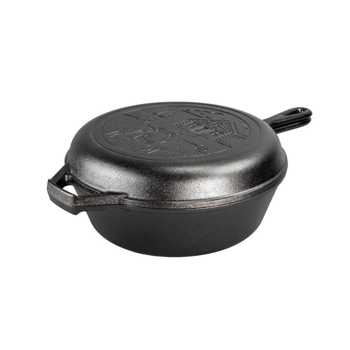 Assembled combo cooker with skillet used as a lid on top.