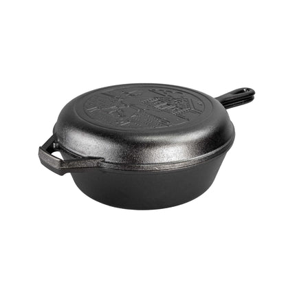 Assembled combo cooker with skillet used as a lid on top.