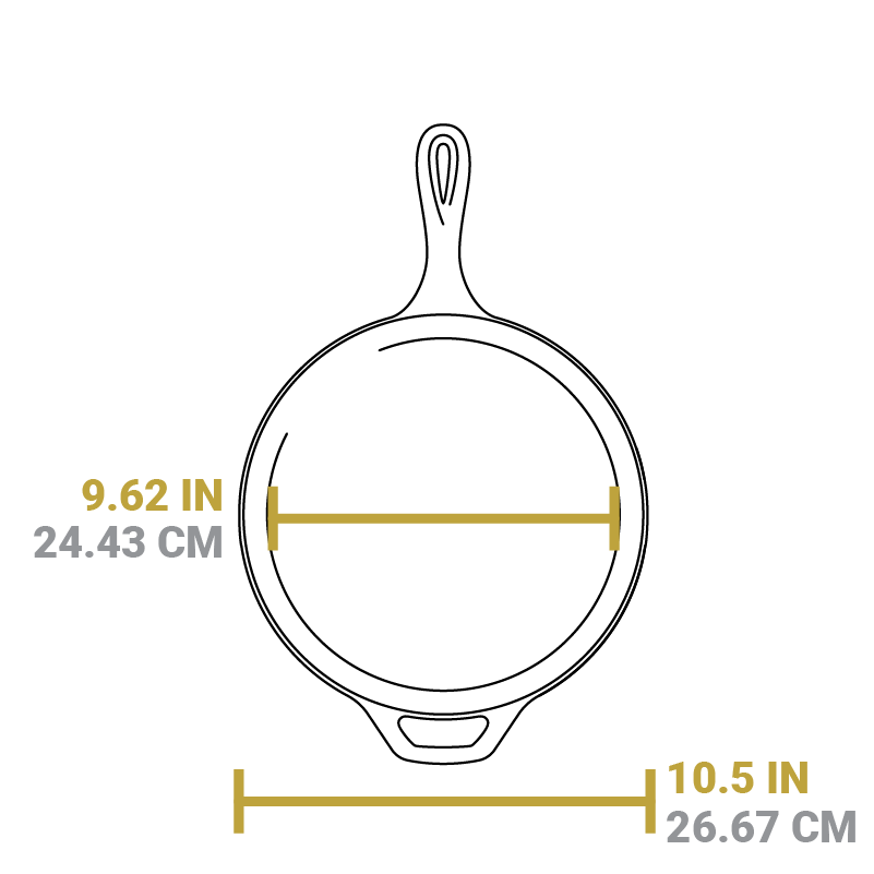 Dimensional drawing of skillet piece. Total length is 10.5 inches, length of cooking surface is 9.62 inches.