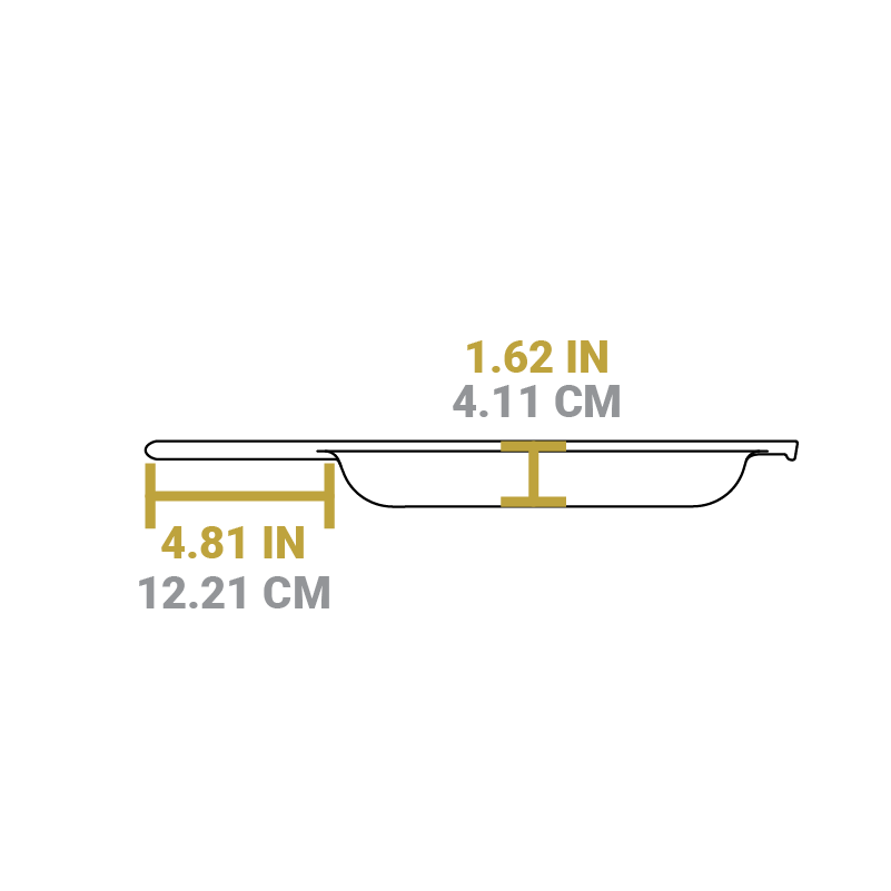 Dimensional drawing of skillet piece. Length of handle is 4.81 inches, depth of skillet is 1.62 inches.
