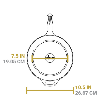 Dimensional drawing of deep skillet piece. Length is 10.5 inches, length of flat bottom is 7.5 inches.