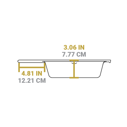 Dimensional drawing of deep skillet piece. Length of handle is 4.81 inches, height of skillet is 3.06 inches.