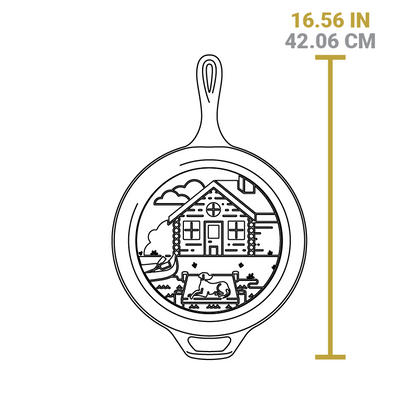 Dimensional drawing of skillet piece. Total length including handles is 16.5 inches.