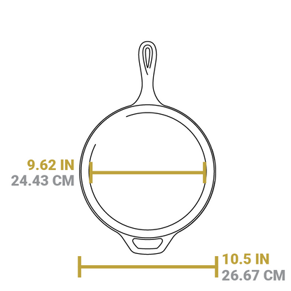 Dimensional drawing of skillet piece. Total width is 10.5 inches, width of cooking surface is 9.62 inches.