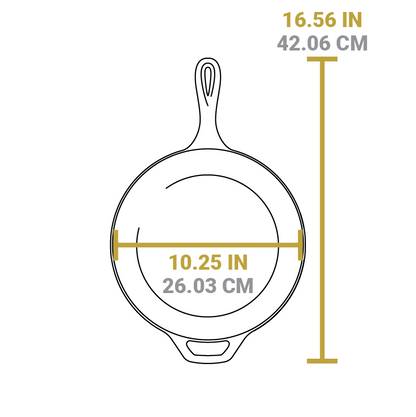 Dimensional drawing of deep skillet piece. Total length including handle is 16.56 inches, width of pan is 10.25 inches.