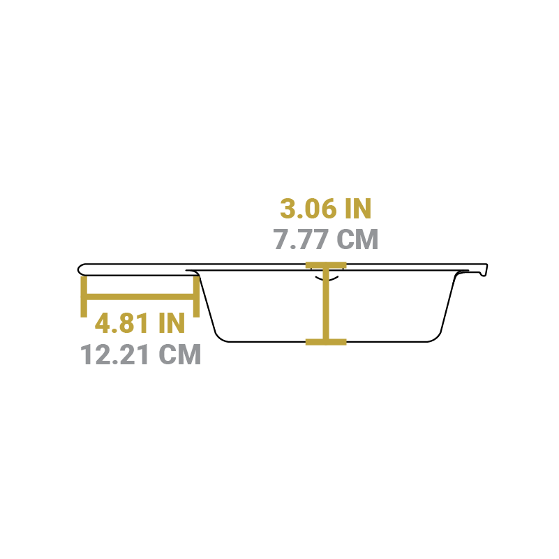 Dimensional drawing of deep skillet piece. Length of handle is 4.81 inches, depth of pan is 3.06 inches.