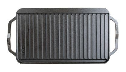 Top view featuring the grill pan side showing slot for grease to fall and a constructed handle shape for easy use on each side.