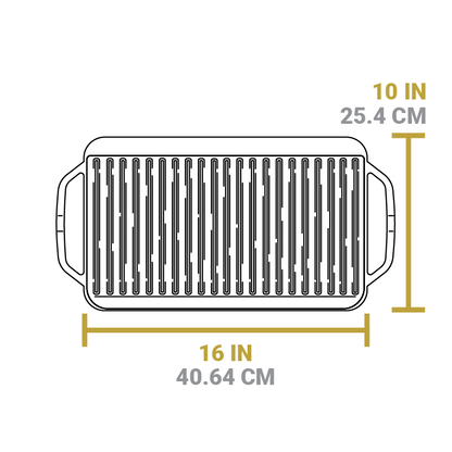 Dimensional drawing of product. Full length is 10 inches, with of cooking surface is 16 inches.