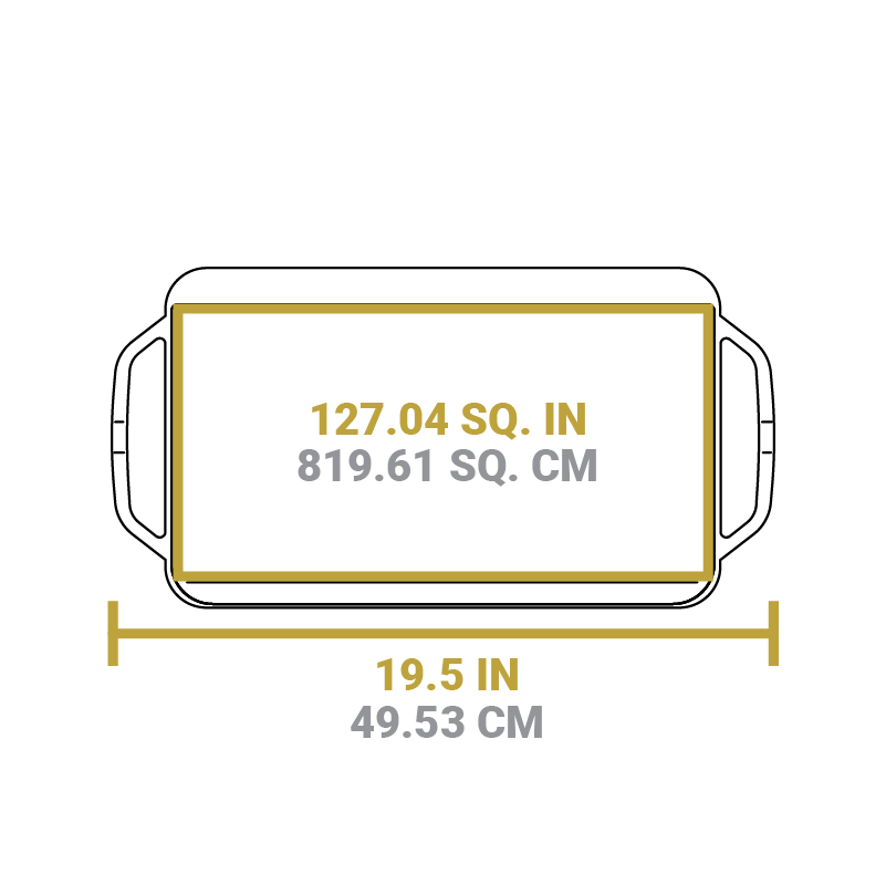 Dimensional drawing of product. Full width is 19.5 inches, cooking area is 127.04 square inches.