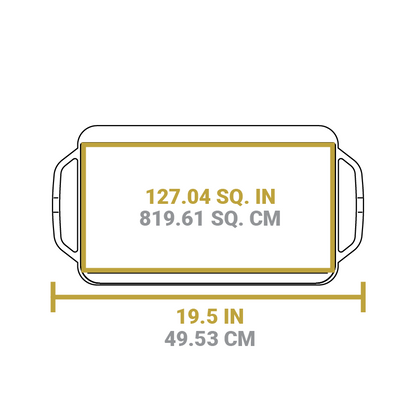 Dimensional drawing of product. Full width is 19.5 inches, cooking area is 127.04 square inches.