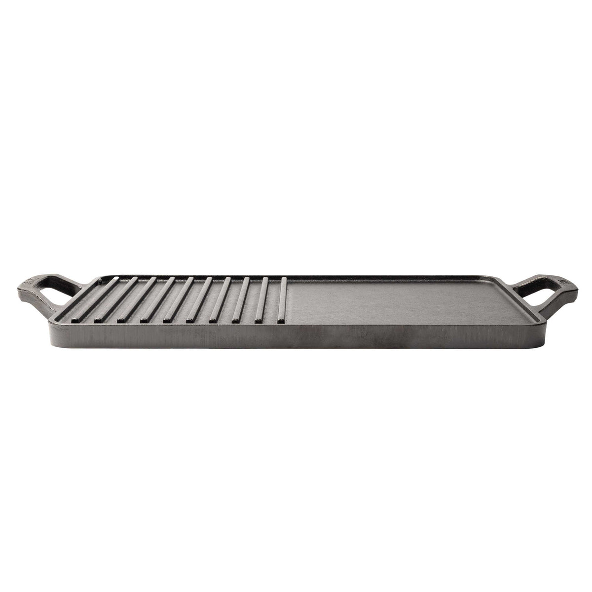 Side profile of dual griddle/grill pan and handles.