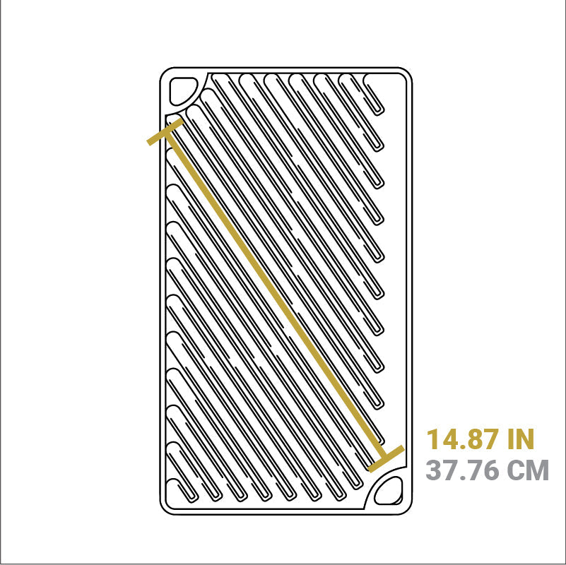 Outline of a rectangular object with longest grill line being 14.87 inches, positioned diagonlly.