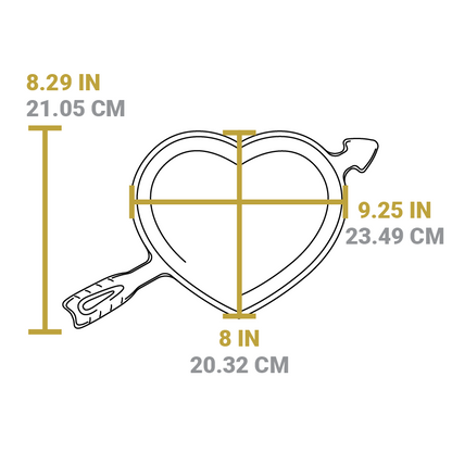 Dimensional drawing of product. Full length is 8.29 inches, cooking surface width at widest part of heart is 9.25, cooking surface length is 8 inches.