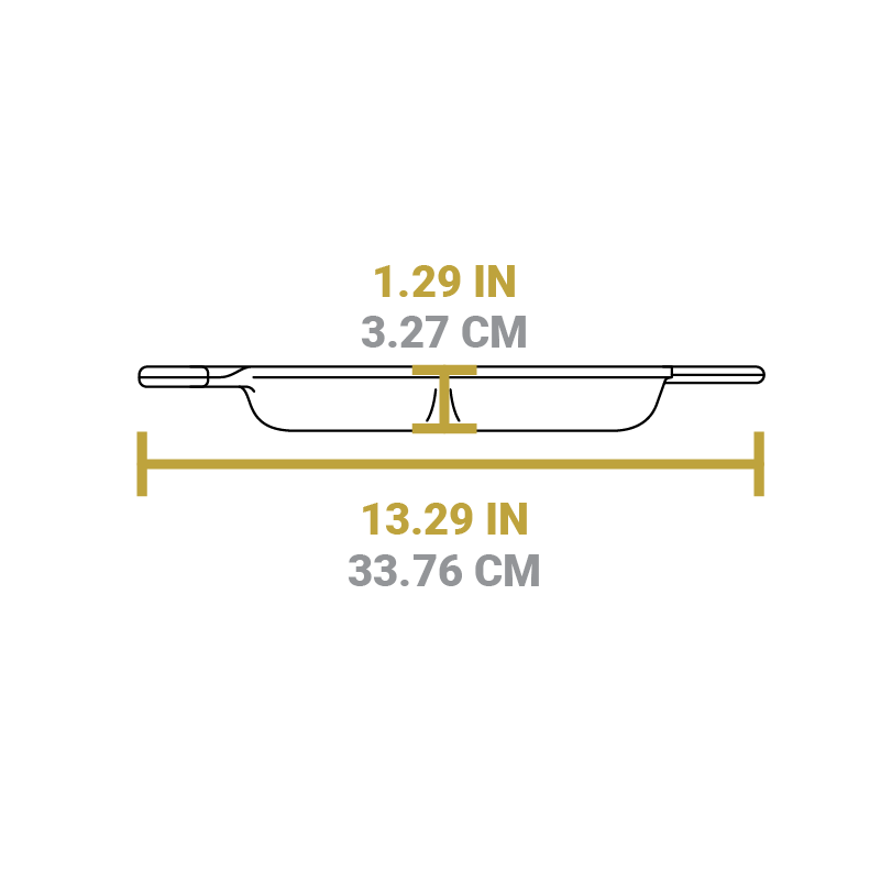 Dimensional drawing of product. Height is 1.29 inches, full product width is 13.29 inches including handles.