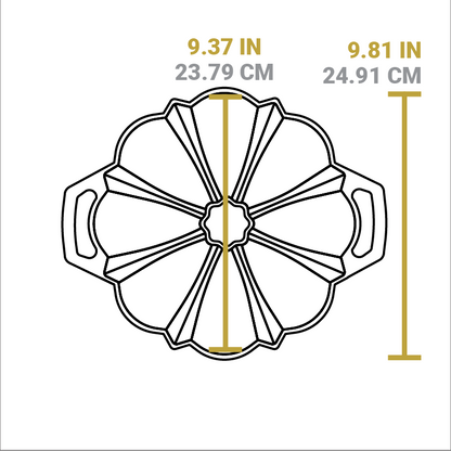 Dimensional drawing of product. Length of cooking area is 9.37 inches, length including edges is 9.81 inches.