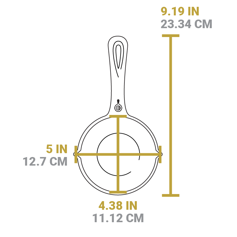 Dimensional drawing of product. Length including handles is 9.19 inches, width of bowl from pour spout to pour spout is 5 inches, length of bowl is 4.38 inches.